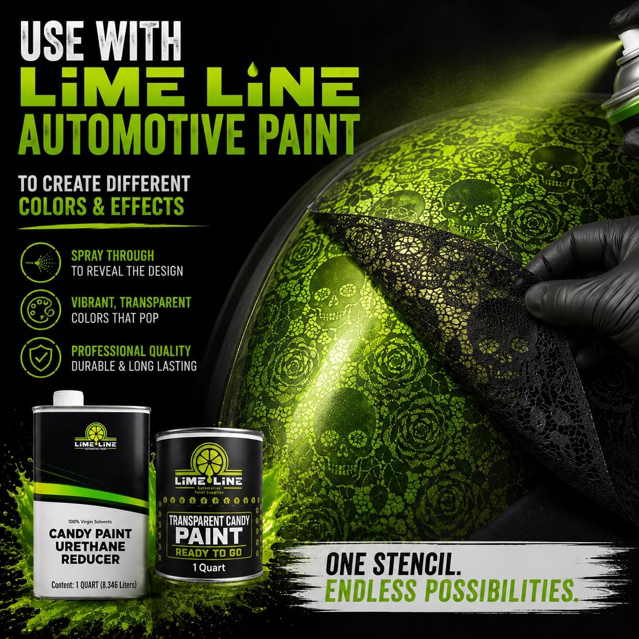 LiME LiNE Skull Rose Lace Stencil for Airbrush & Spray Paint – Reusable Automotive Custom Paint Stencil for Cars, Motorcycles, Helmets & DIY Projects