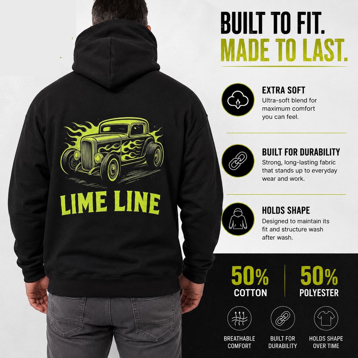 Lime Line Flame Hoodie – Extra Soft Heavy Blend Pullover Sweatshirt with Hot Rod Graphic - Available in 5 Sizes