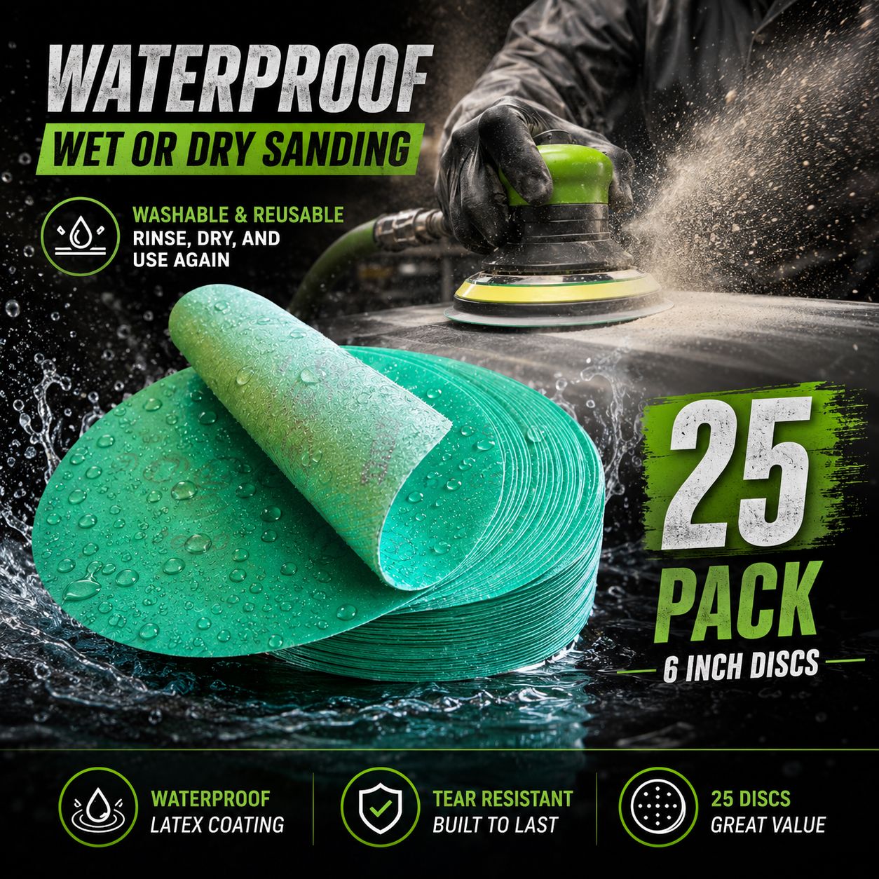 LiME LiNE 6” Waterproof Sanding Discs - Hook & Loop 25 Pc Reusable Discs