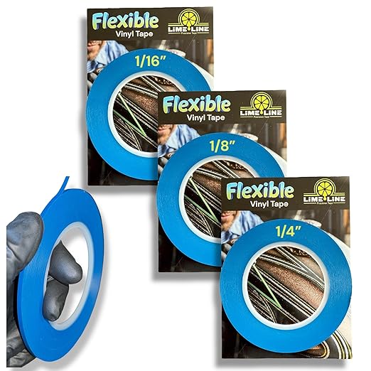 LiME LiNE Flexible Vinyl Fine Line Masking Tape for Automotive Custom Paint, No Residue Blue Pinstriping Tape - 1/4" 1/8" 1/16"