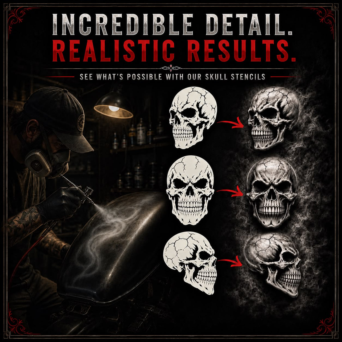 LiME LiNE Realistic Skull Airbrush Stencil Set - 9 Pcs Skull Design Templates