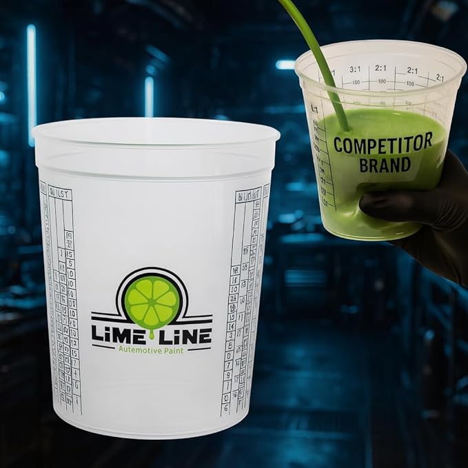 LiME LiNE Solvent Resistant Mixing Cups - Disposable Automotive Paint & Epoxy Measuring Cups Graduated 4:1, 3:1, 2:1 Ratios with Ounce & Milliliter Markings