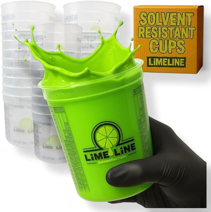 LiME LiNE Solvent Resistant Mixing Cups - Disposable Automotive Paint & Epoxy Measuring Cups Graduated 4:1, 3:1, 2:1 Ratios with Ounce & Milliliter Markings