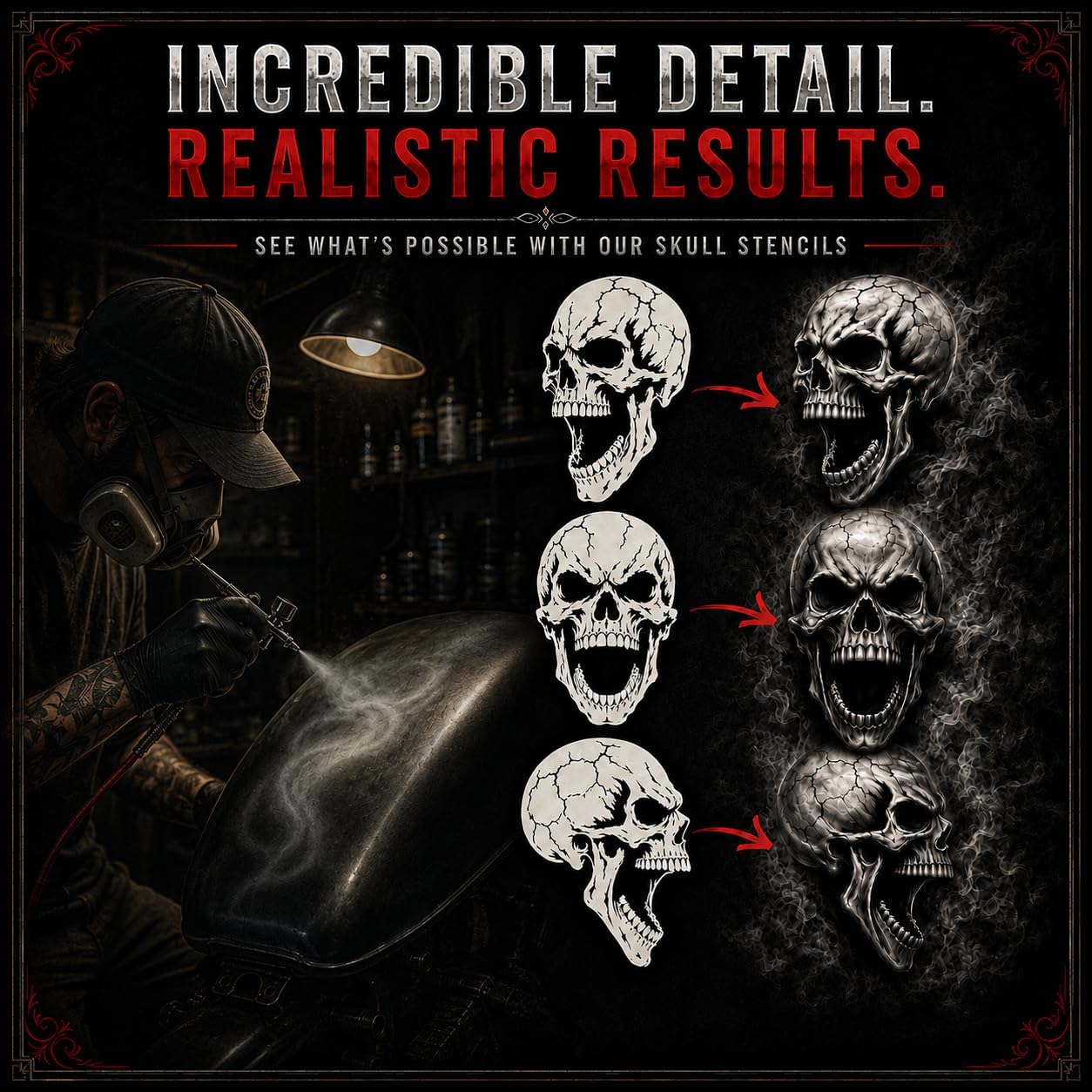 LiME LiNE Realistic Skull Airbrush Stencil Set - 9 Pcs Skull Design Templates