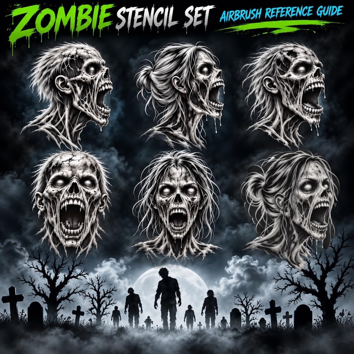 LiME LiNE 7-Piece Zombie Airbrush Stencil Kit - Automotive Custom Paint Templates, Cars, Trucks, Motorcycles, DIY