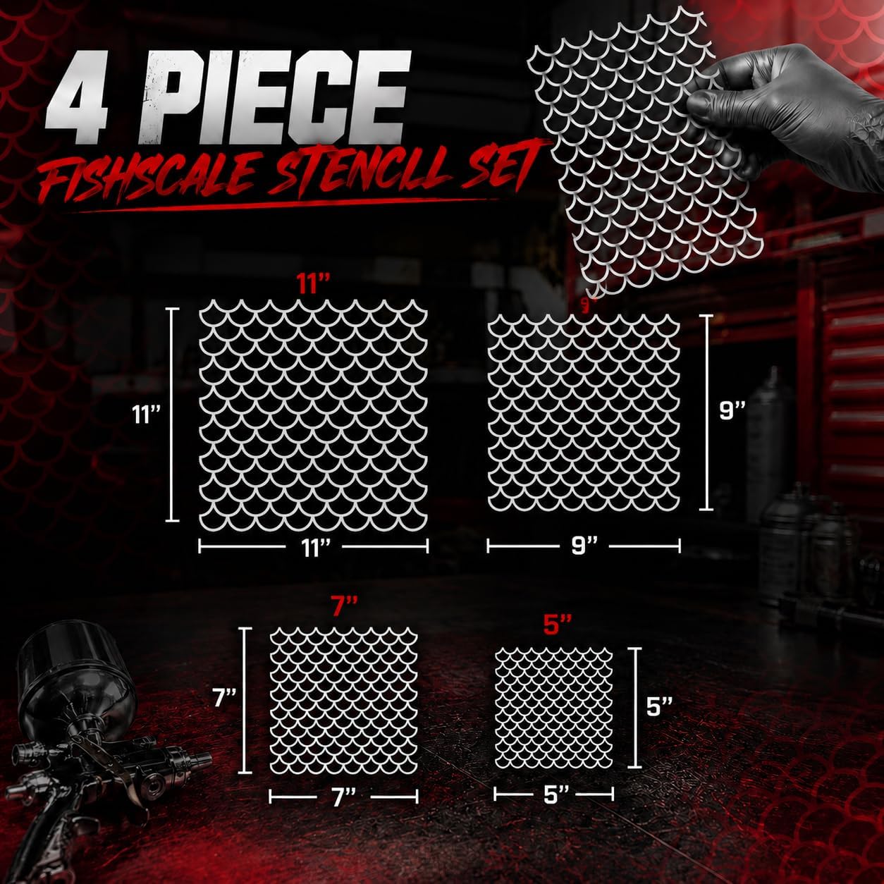 LiME LiNE 4-Piece Reusable Fish Scale Stencil Set for Airbrushing, Custom Paint & DIY Projects