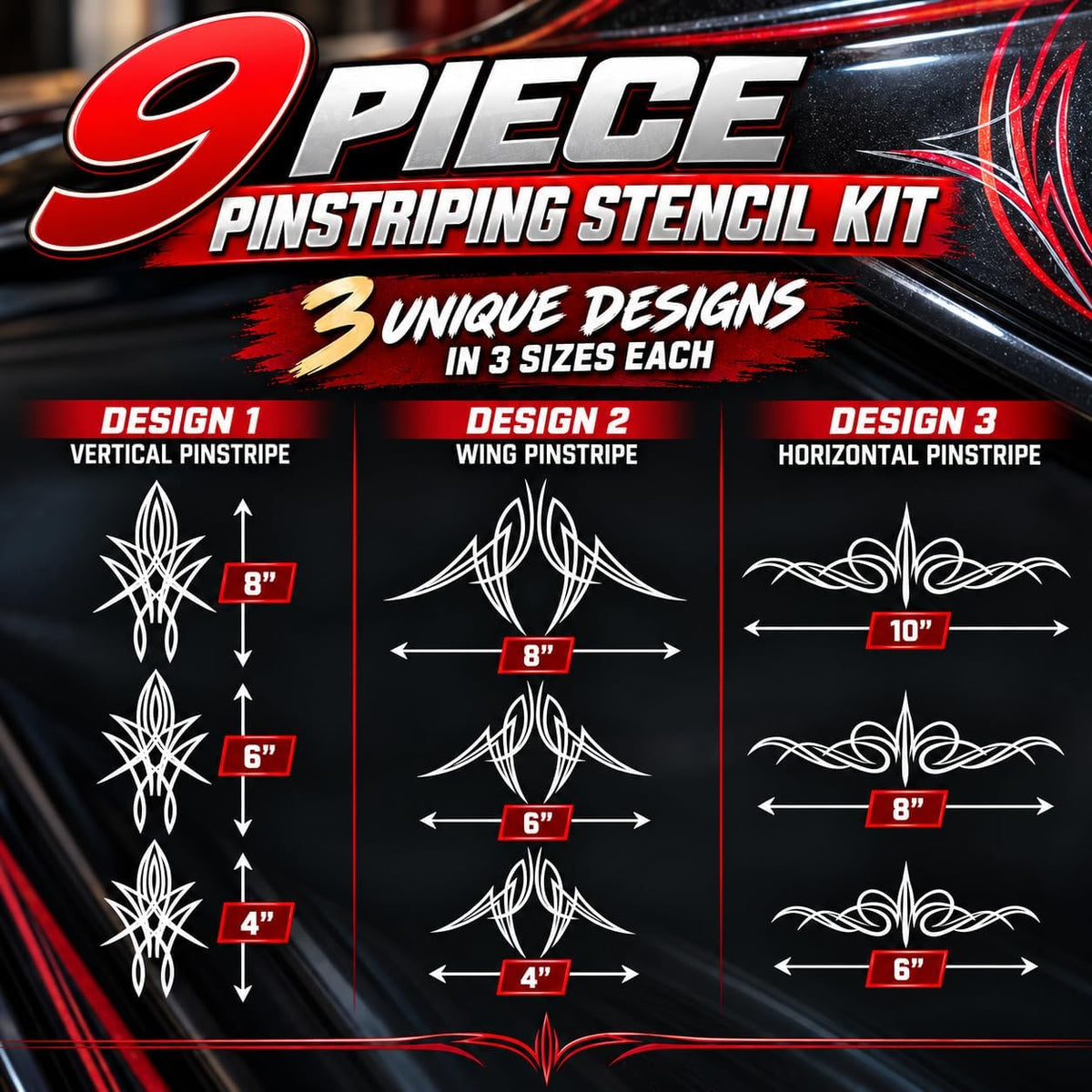 LiME LiNE 9-Piece Reusable Automotive Pinstriping Stencil Kit for Airbrushing and Spray Painting
