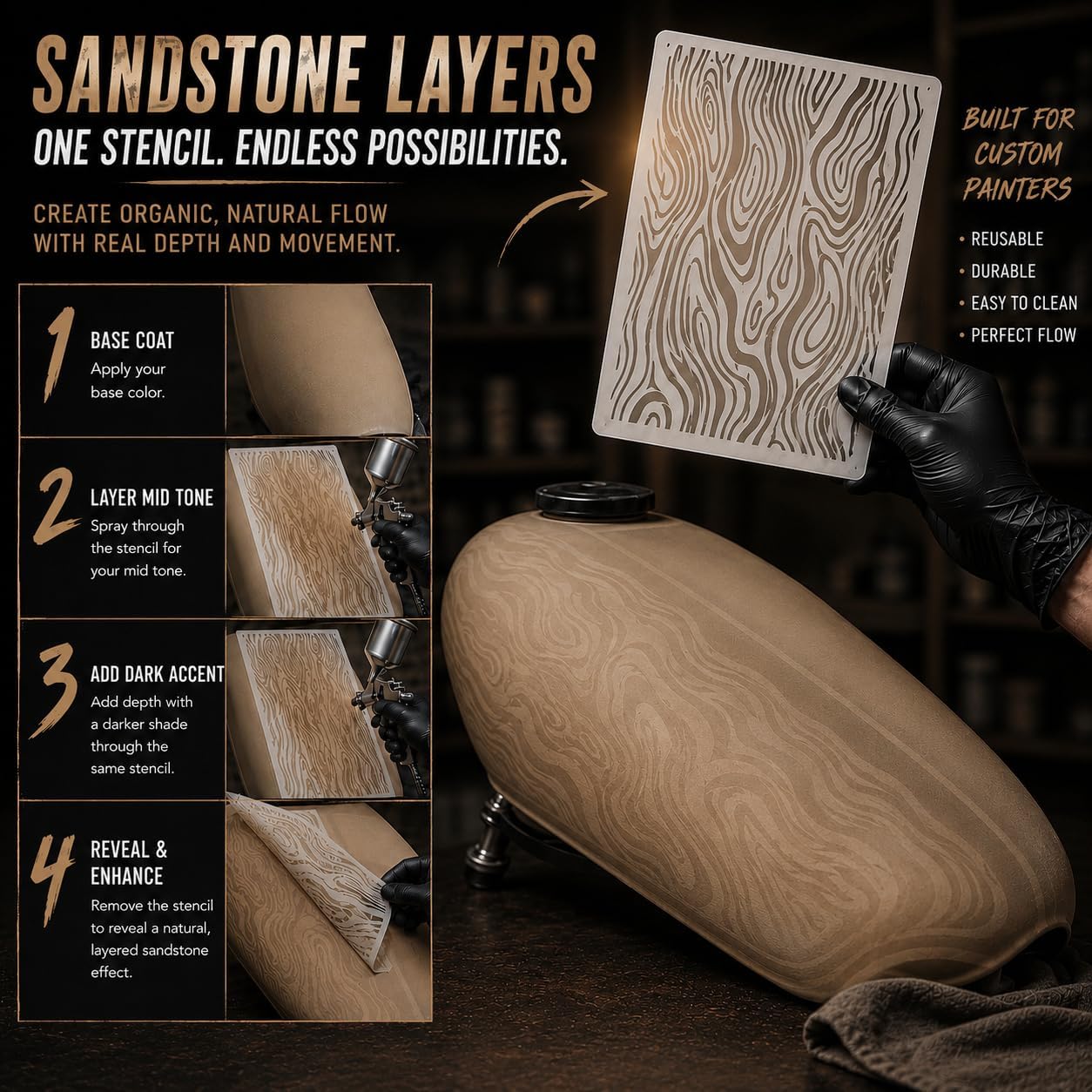 LiME LiNE 4-Piece Reusable Sandstone Stencil Set for Airbrushing, Custom Paint & DIY Projects