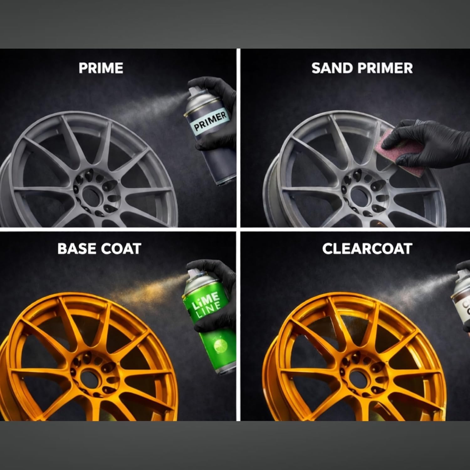 Step-by-step process of painting a wheel with primer, sand primer, base coat, and clearcoat.