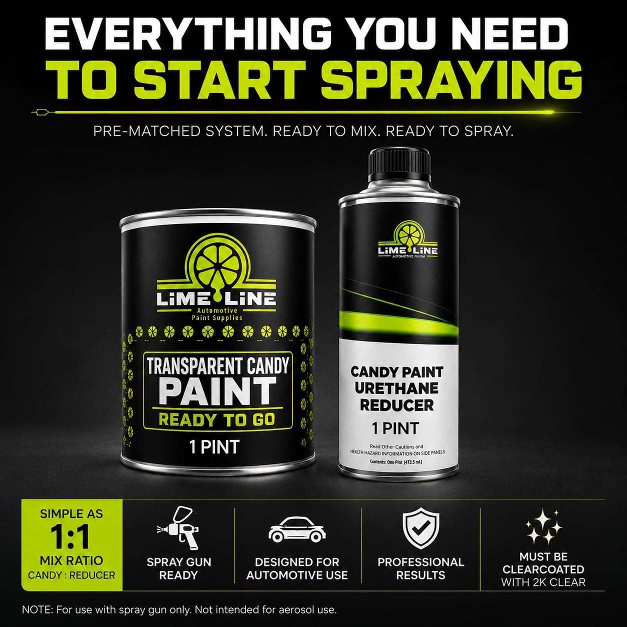 LiME LiNE Ready-To-Go Transparent Candy Paint System – Automotive Custom Paint for Cars, Trucks & Motorcycles – 1:1 Reducer Included – Must Be Clearcoated - 1 Pint Kit