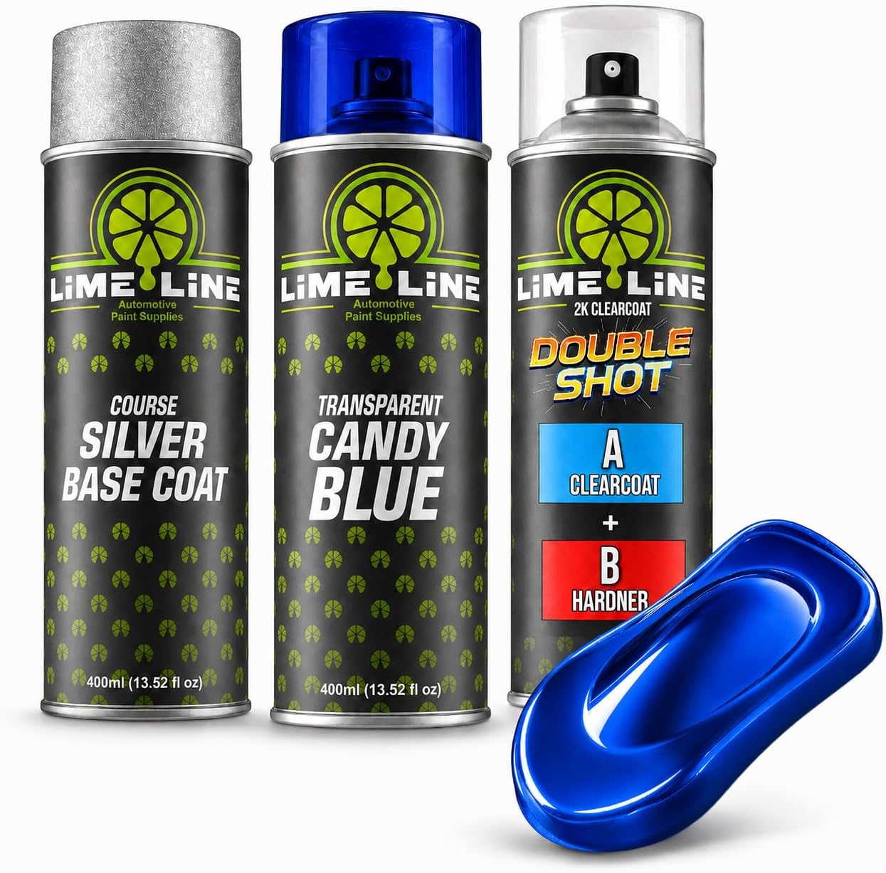 LiME LiNE Complete 3-Step Candy Paint Kit – Automotive Aerosol Paint System with Silver Base, Transparent Candy & 2K Clearcoat, No Spray Gun Required