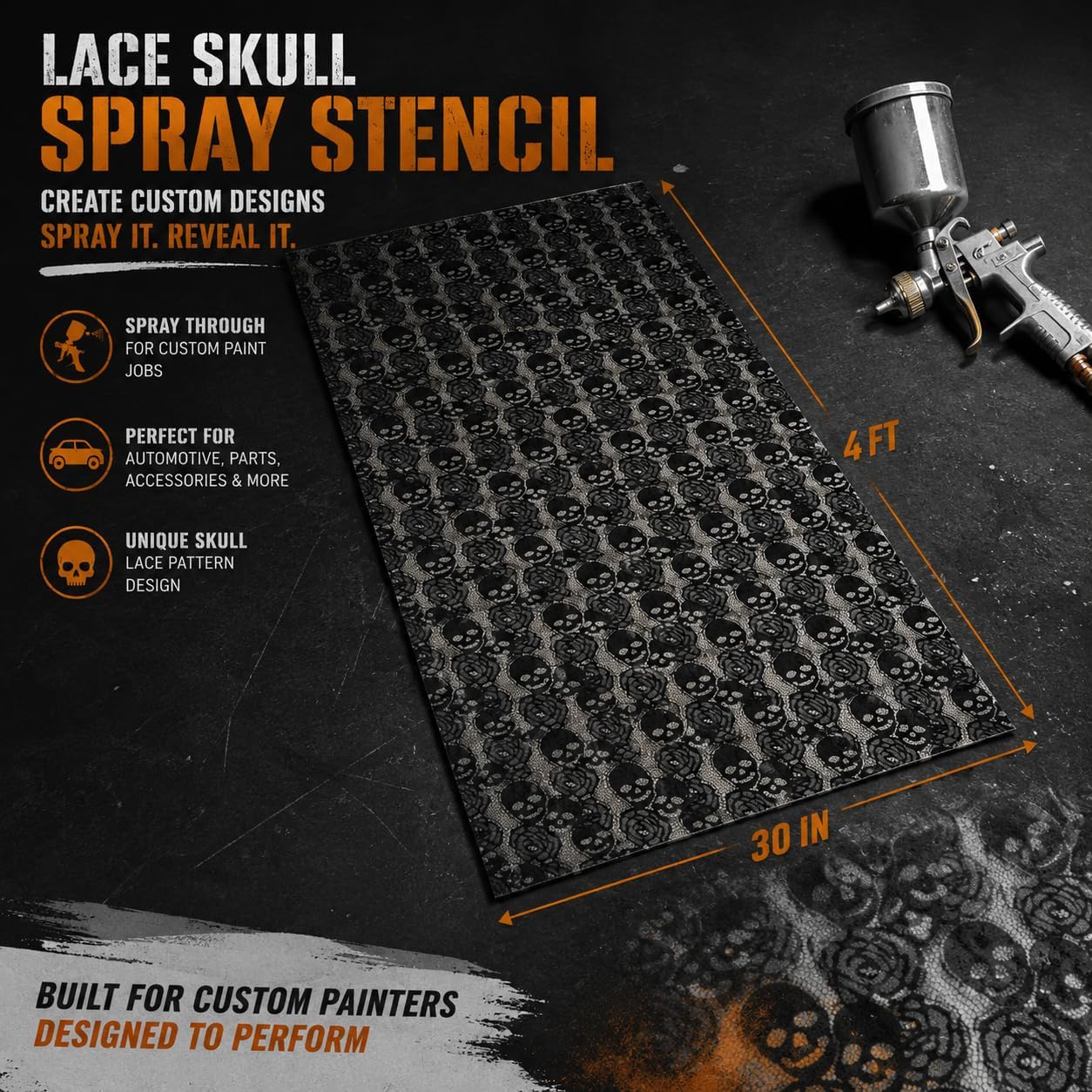 LiME LiNE Skull Rose Lace Stencil for Airbrush & Spray Paint – Reusable Automotive Custom Paint Stencil for Cars, Motorcycles, Helmets & DIY Projects
