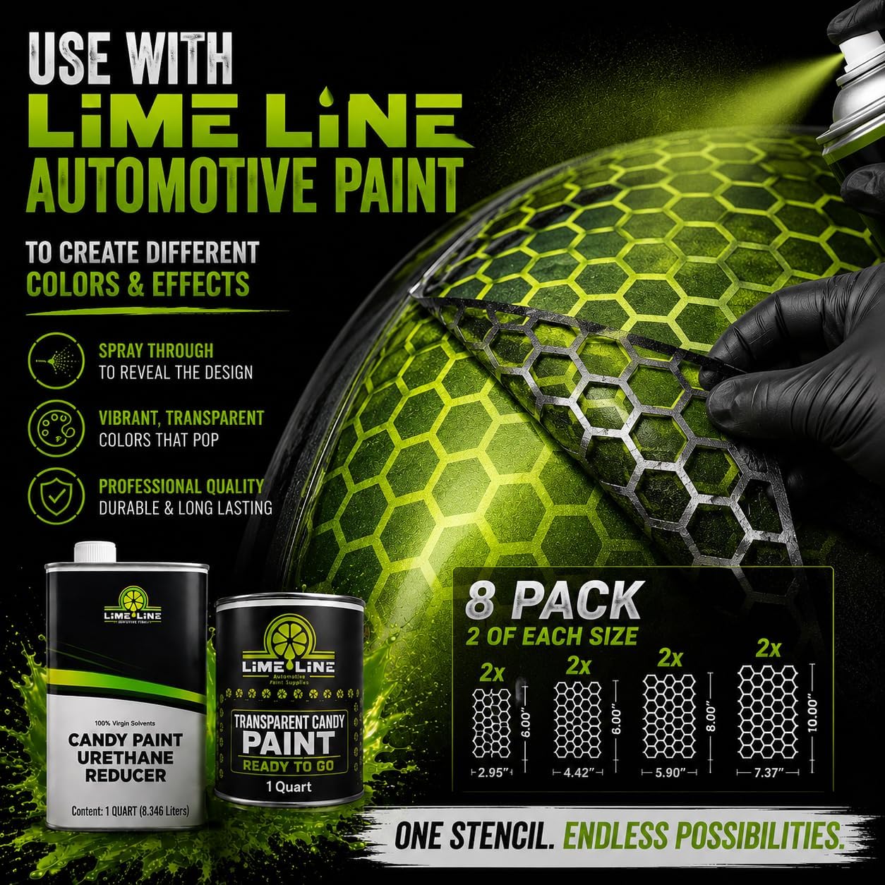 LiME LiNE Honeycomb Hexagon Stencil Set – 8 Piece Reusable Mylar Airbrush Stencils for Automotive Custom Paint, Spray Paint & Crafts