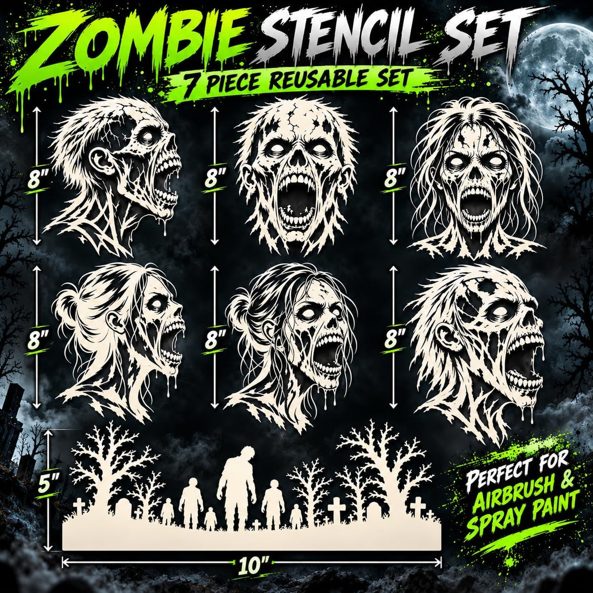 LiME LiNE 7-Piece Zombie Airbrush Stencil Kit - Automotive Custom Paint Templates, Cars, Trucks, Motorcycles, DIY