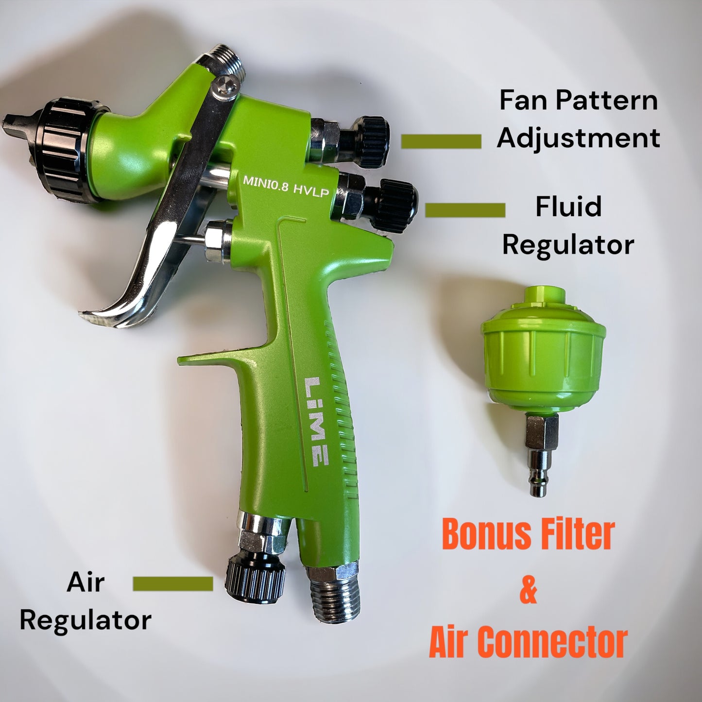 LiME LiME .8 mm Mini HVLP Automotive Spray Paint Gun with Bonus inline filter and air connector