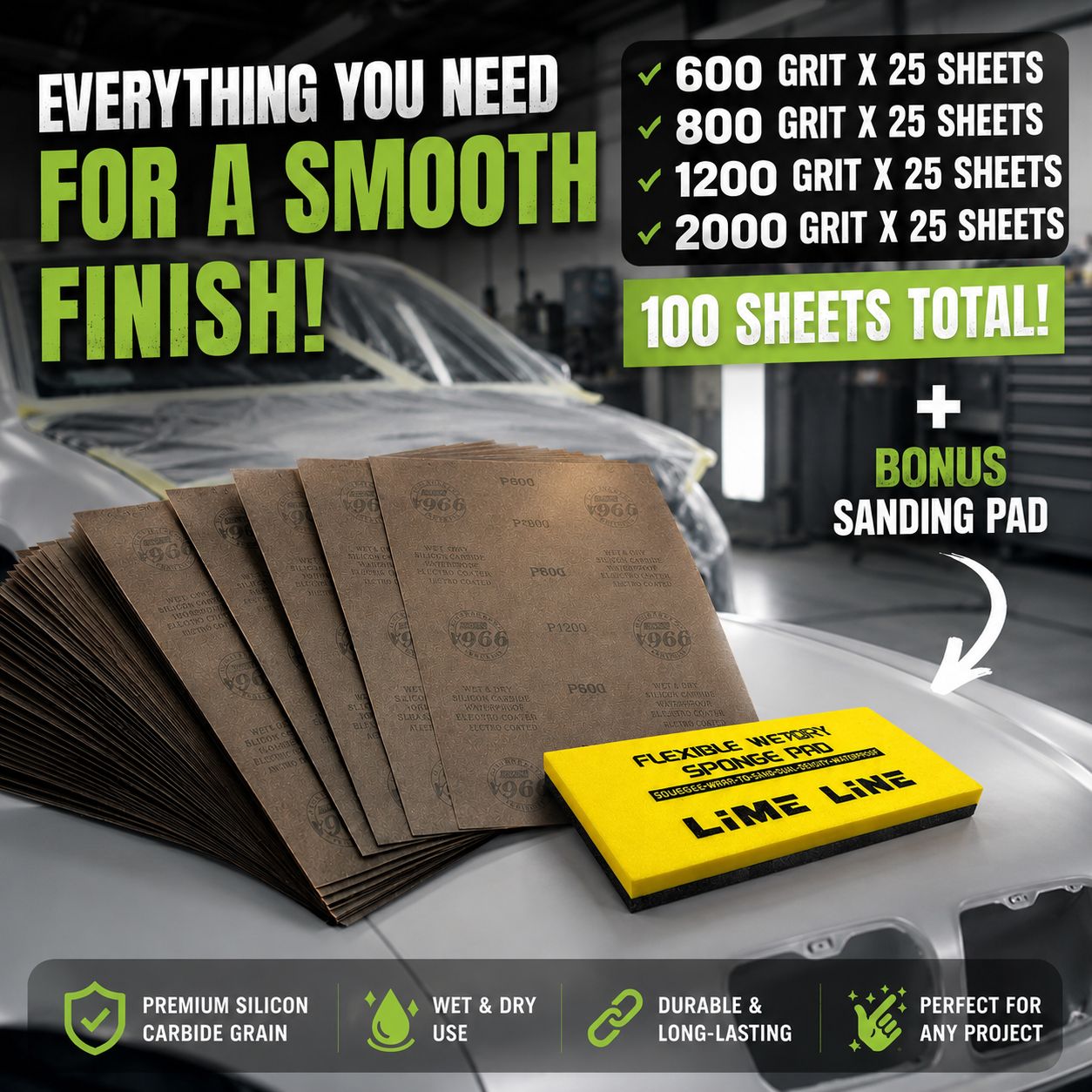 LiME LiNE Automotive Grade Silicon Carbide Wet or Dry Sanding Pad + 100 Sheets Combo