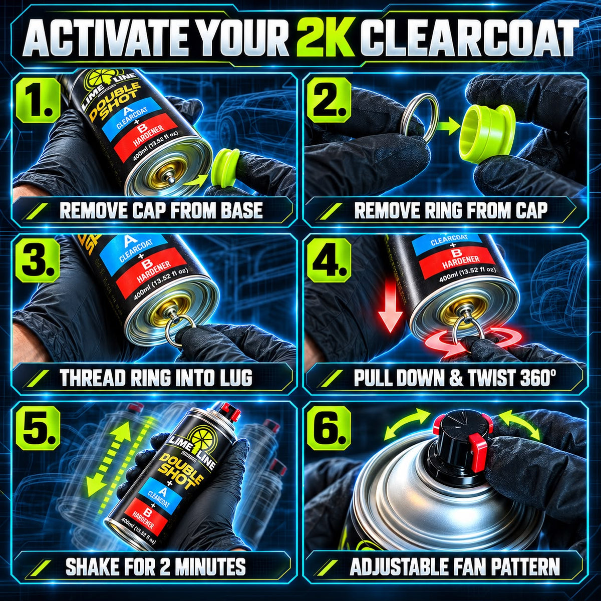 LiME LiNE Automotive Black Basecoat + Double Shot Clearcoat Aerosol Kit - Professional Car Spray Paint