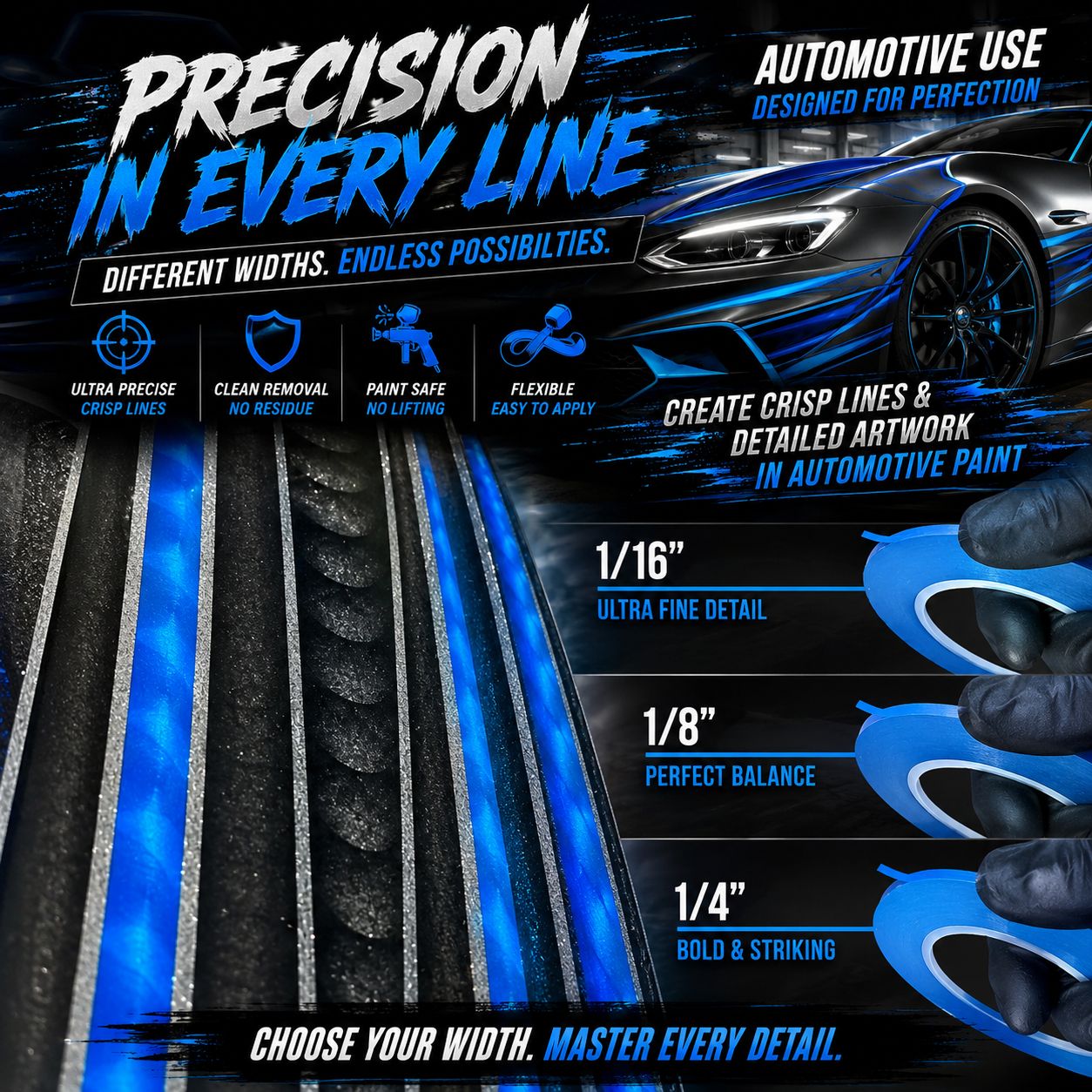 LiME LiNE Flexible Vinyl Fine Line Masking Tape for Automotive Custom Paint, No Residue Blue Pinstriping Tape - 1/4" 1/8" 1/16"