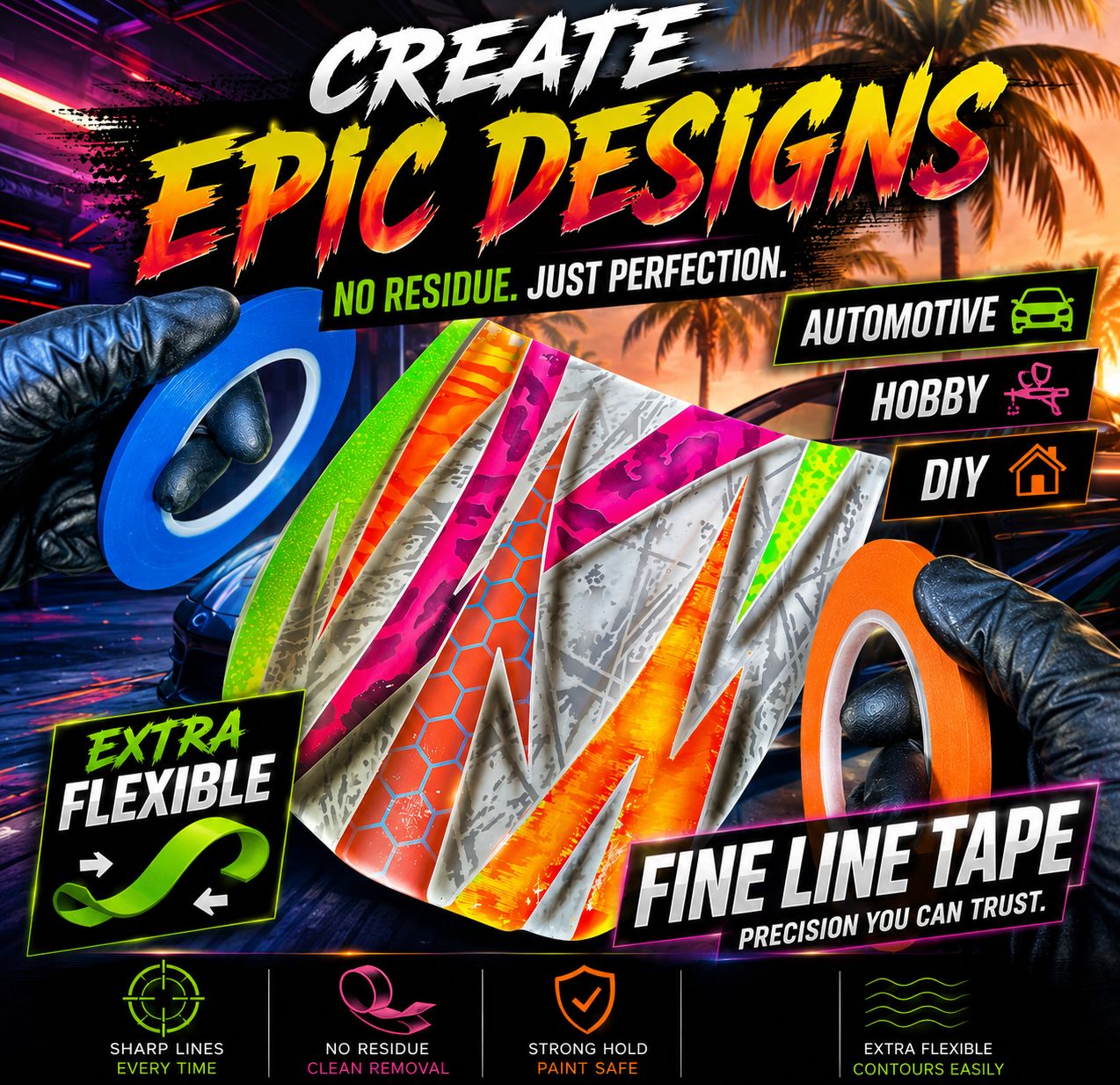 LiME LiNE Flexible Vinyl Fine Line Masking Tape for Automotive Custom Paint, No Residue Blue Pinstriping Tape - 1/4" 1/8" 1/16"