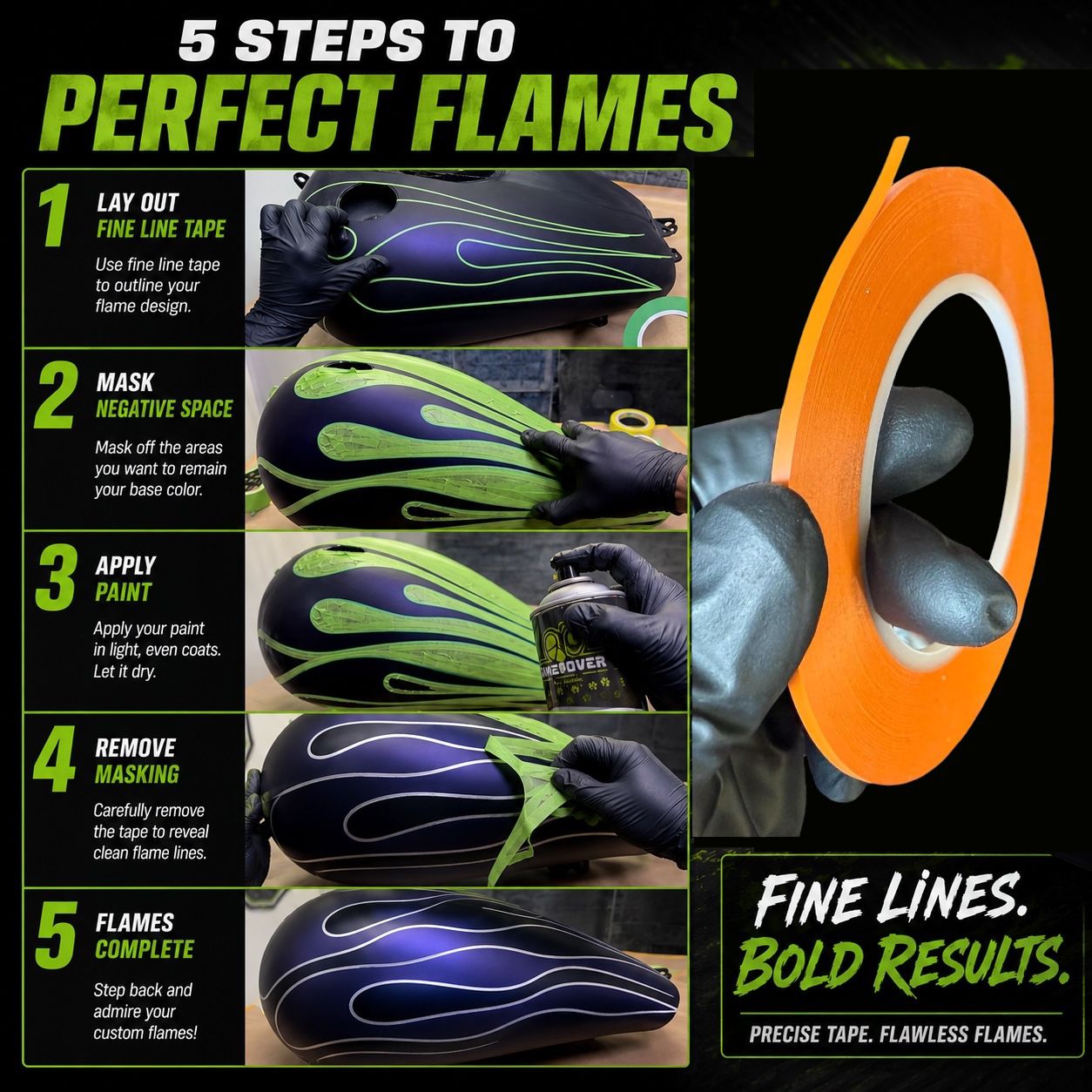 LiME LiNE Flexible Vinyl Fine Line Masking Tape for Automotive Custom Paint, No Residue Orange Pinstriping Tape - 1/4" 1/8" 1/16"