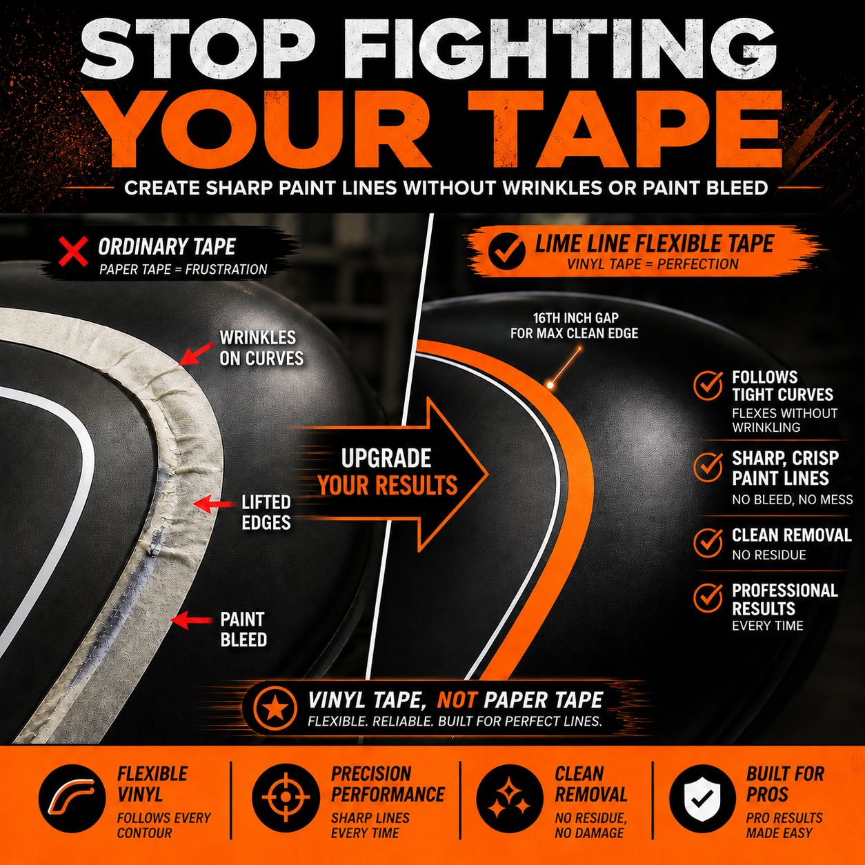 LiME LiNE Flexible Vinyl Fine Line Masking Tape for Automotive Custom Paint, No Residue Orange Pinstriping Tape - 1/4" 1/8" 1/16"