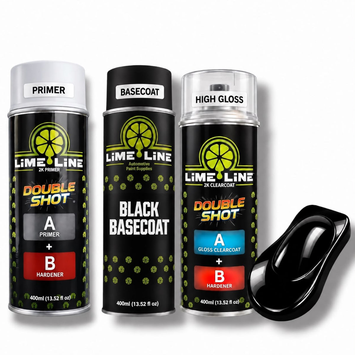 LiME LiNE Automotive Black Basecoat + Double Shot Clearcoat Aerosol Kit - Professional Car Spray Paint