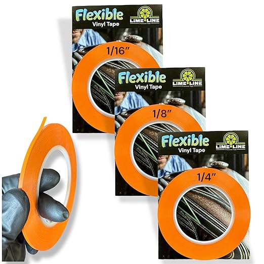 LiME LiNE Flexible Vinyl Fine Line Masking Tape for Automotive Custom Paint, No Residue Orange Pinstriping Tape - 1/4" 1/8" 1/16"